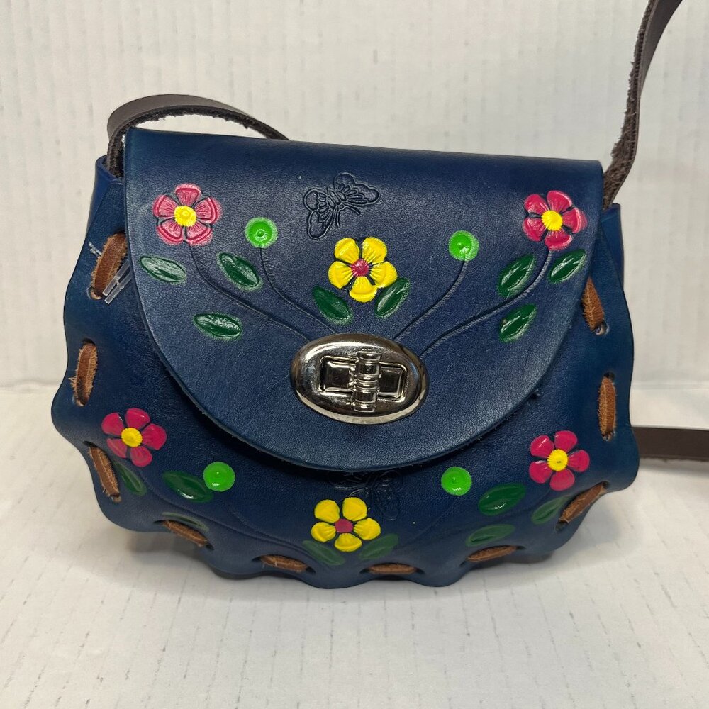 Vtg Hand Tooled Purple Leather Painted Mini Purse, Made in Mexico, Flower Purse